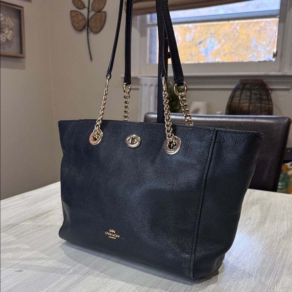 Coach Black Leather Tote with Gold Accents